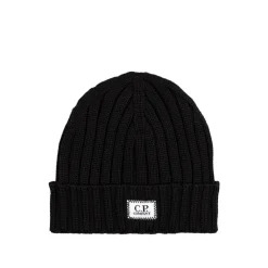 Beanies*C.P. Company Extra Fine Merino Wool Knit Logo Beanie Black