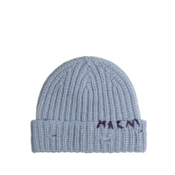 Beanies*Marni Ribbed Beanie Whit Hand Stitched Logo Smoke Blue