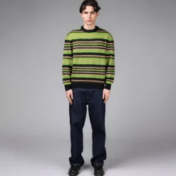 Knitwear|Crewnecks*Metalwood Striped Mohair Knit Sweater Dark Green