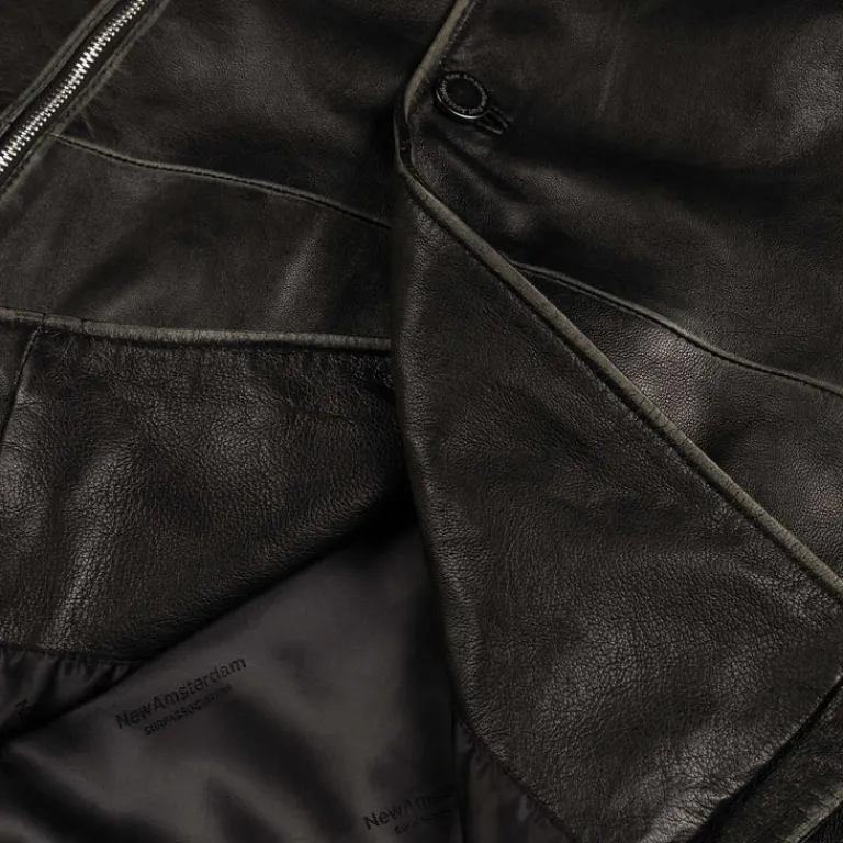 Jacken*New Amsterdam Surf Association Leather Jacket Boxy Fit Washed Black