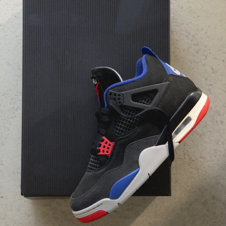 High-Top Sneaker|Leder Sneaker*Jordan Nike Air 4 Retro *Rare Air* Black / Fire Red / Deep Royal Blue