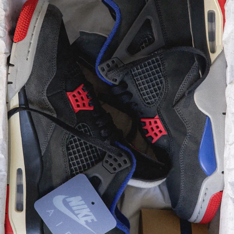 High-Top Sneaker|Leder Sneaker*Jordan Nike Air 4 Retro *Rare Air* Black / Fire Red / Deep Royal Blue