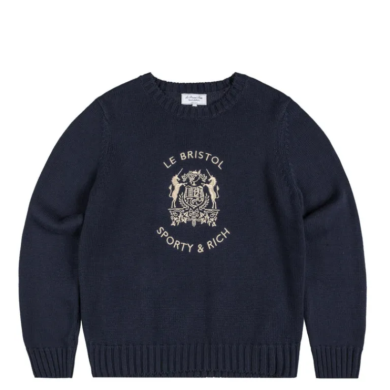 Knitwear*Sporty & Rich Bristol Crest Knitted Sweater Navy Cream