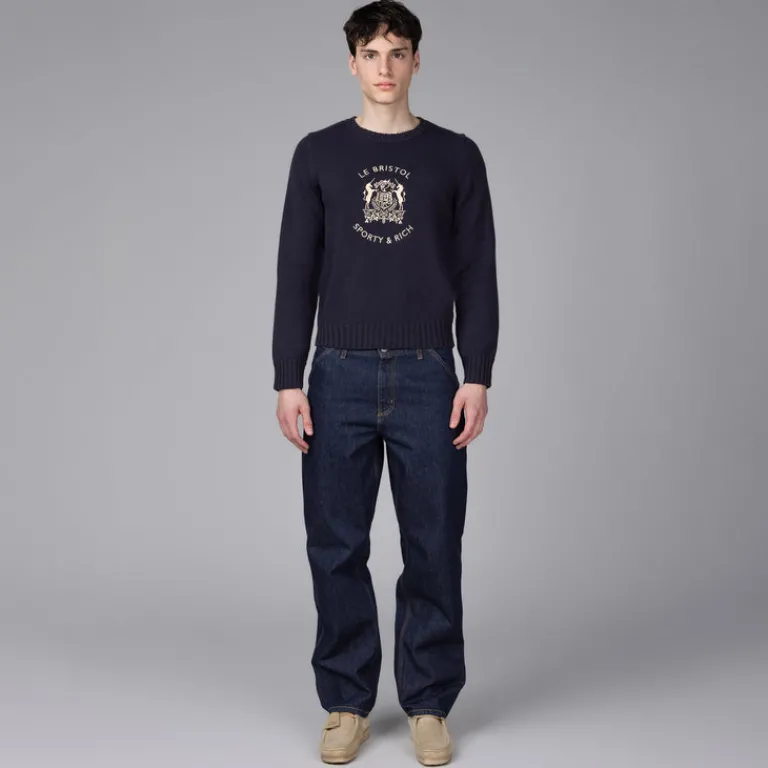 Knitwear*Sporty & Rich Bristol Crest Knitted Sweater Navy Cream